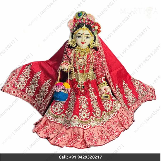 18 Inches ISKCON White Radha Krishna Marble Statue With Red Embroidery Dress Clothes Jewellery Pure Handmade